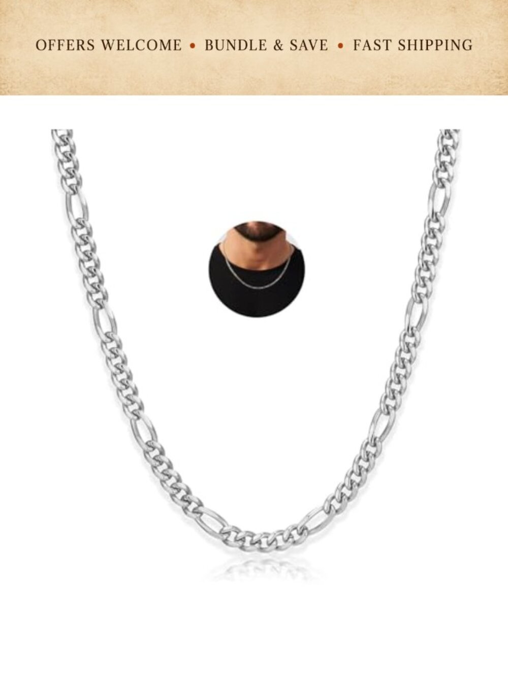 Men's Stainless Steel Figaro Chain Necklace 3mm 20 Inch